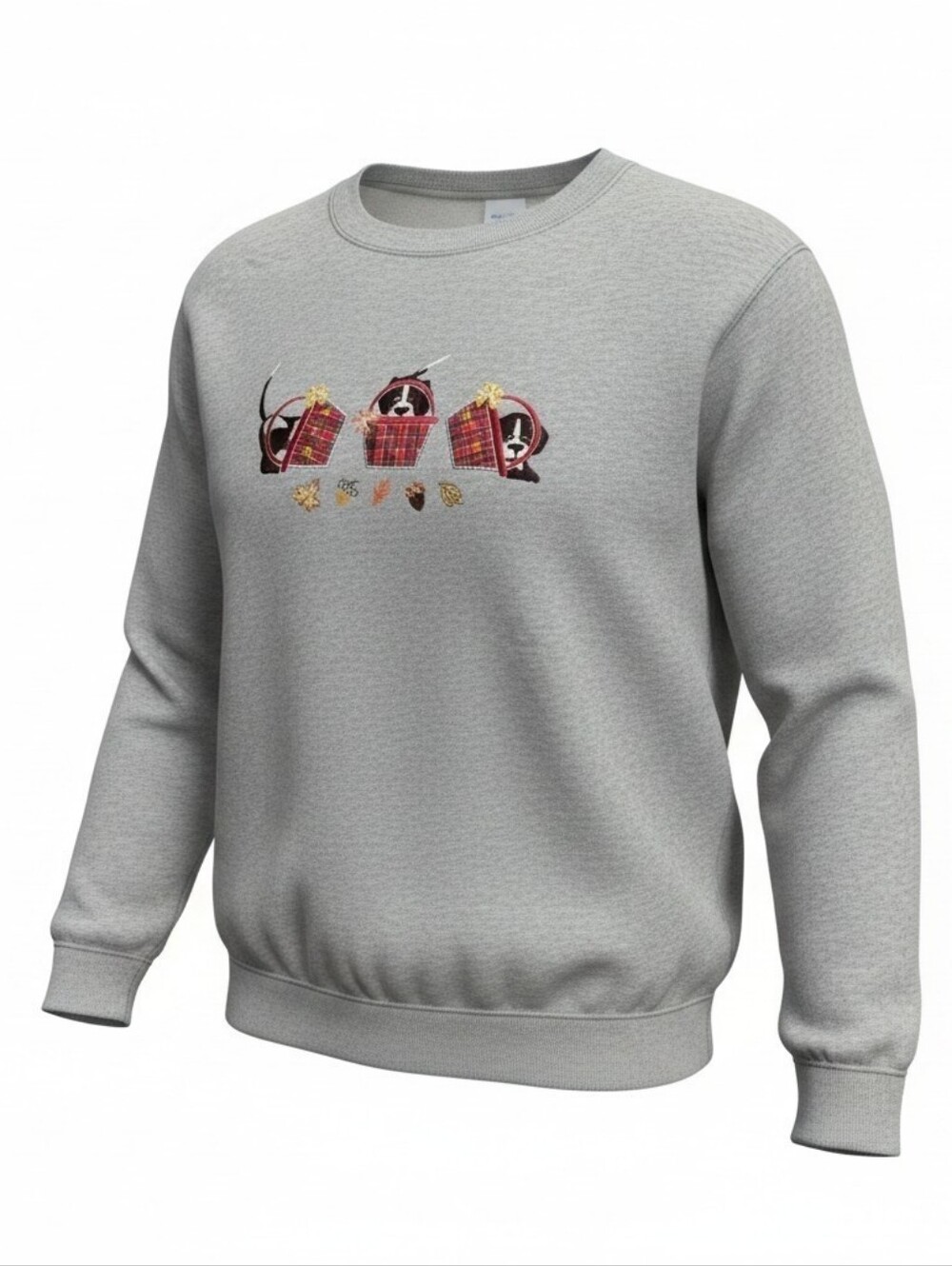 Grey Pullover Sweatshirt with Plaid Puppy Embroidery